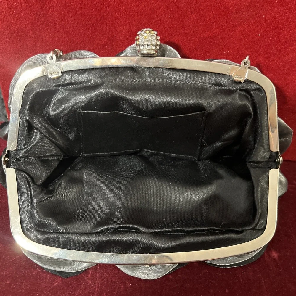 Women Satin Rose Rhinestone Black / Gray Color Handbag Silver tone chain - Picture 5 of 14